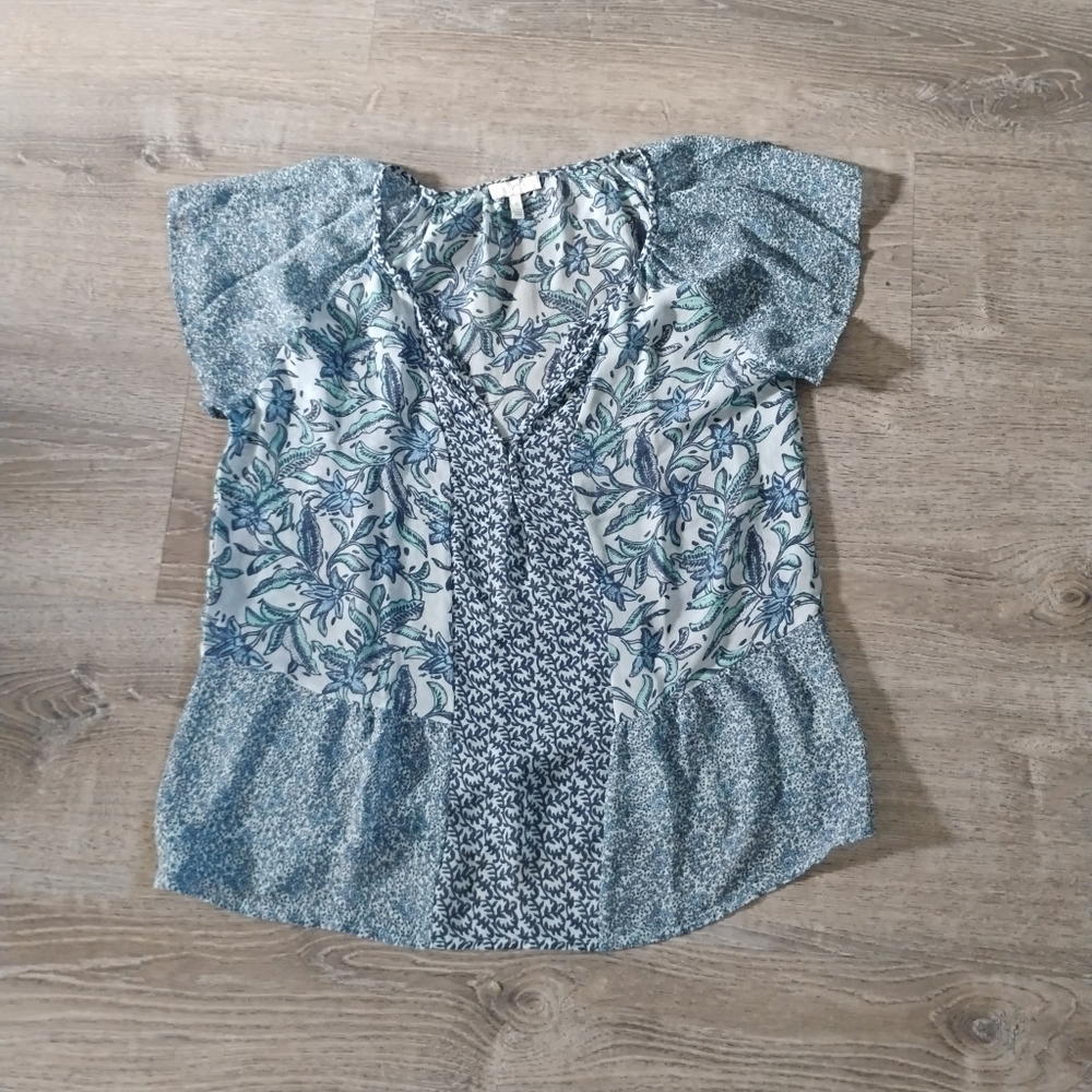Joie Blue Mixed Floral Print Silk Blouse - Size Small - Boho Chic